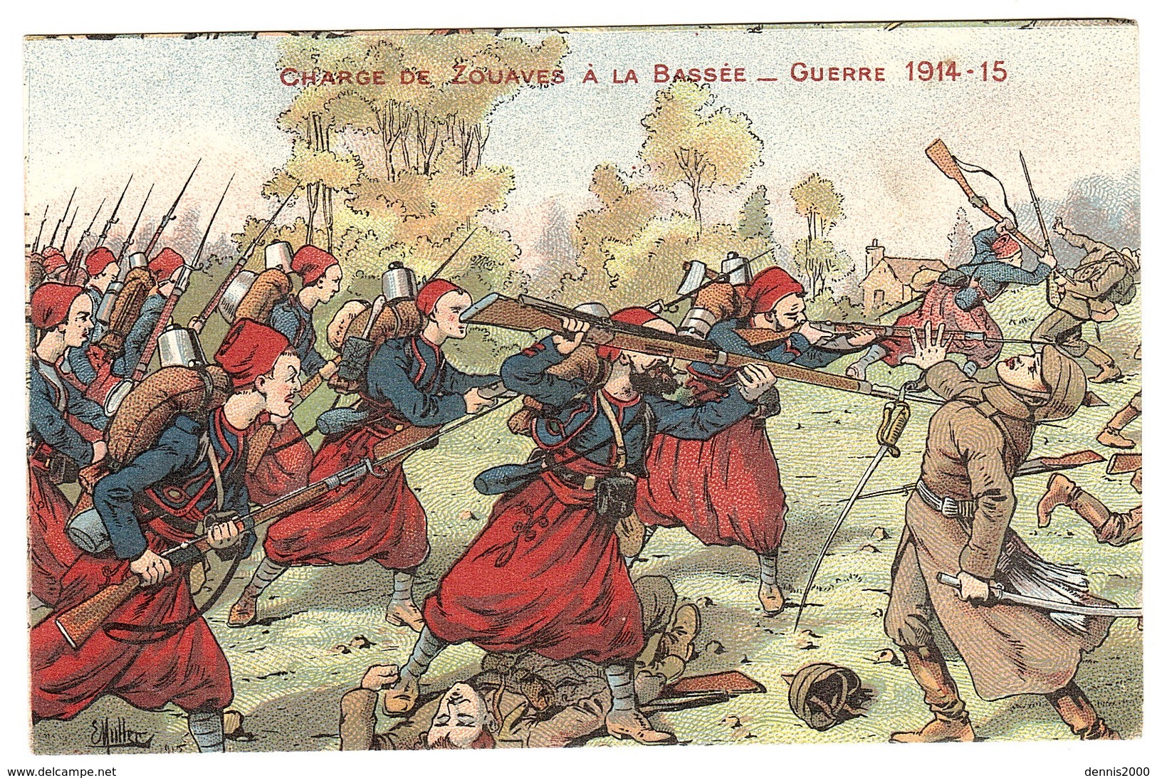 MILITARIA - GUERRE 1914-15 - Charge De Zouaves à La Bassée - Carte Illustrateur - Ed. E. Martignier, Nancy - Weltkrieg 1914-18