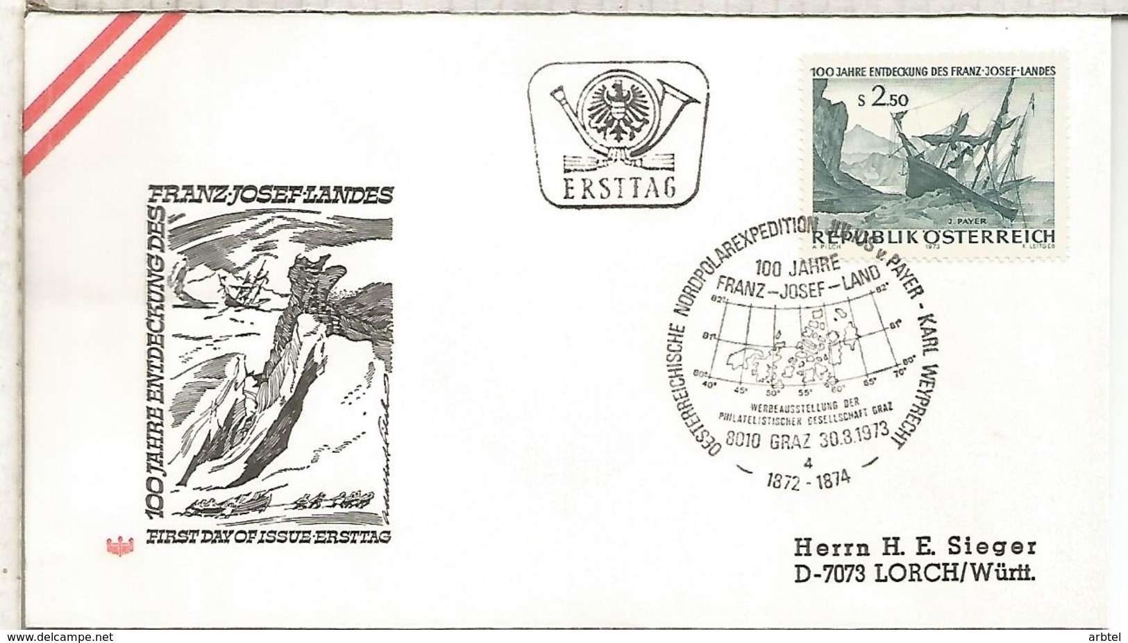 AUSTRIA FDC 1973 100 AÑOS TIERRA DE FRANZ JOSEF LAND ARTICO ARCTIC - Expediciones árticas