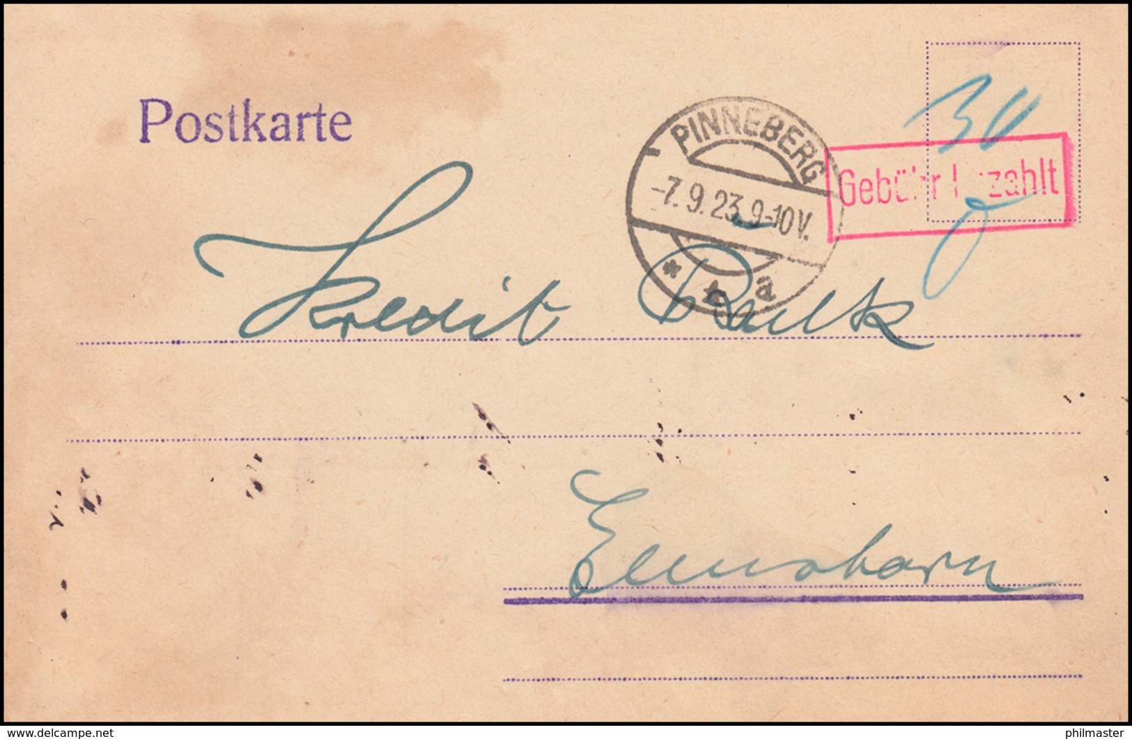 Infla-Notausgabe Gebühr-bezahlt-Stempel Postkarte PINNEBERG 7.9.23 Nach Elmshorn - Autres & Non Classés