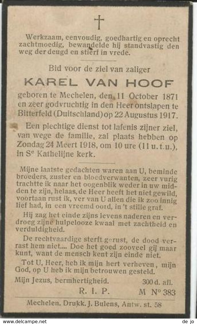 VAN HOOF Karel °1871 Mechelen +1917 Bitterfeld Duitsland WW1 Oorlogslachtoffer ? Doodsprentje Mortuaire Funeral Card - Religion & Esotérisme