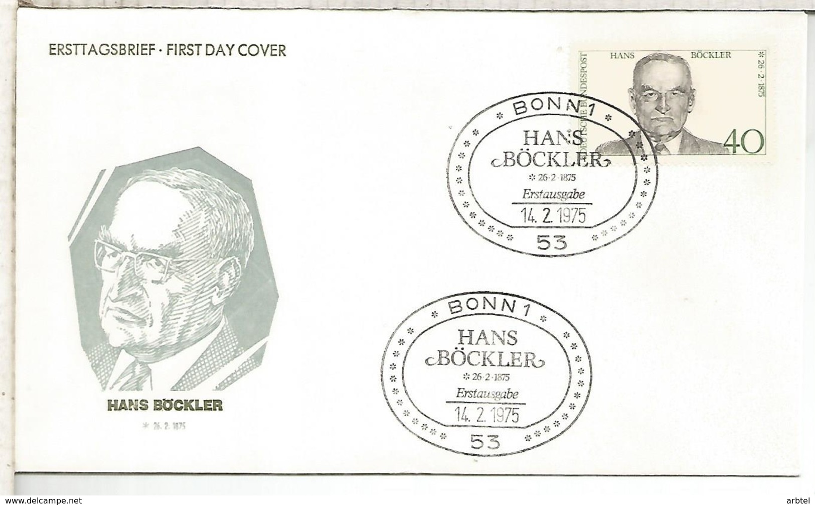 ALEMANIA FDC 1975 HANS BOCKLER SINDICALISTA POLITICA - Otros & Sin Clasificación