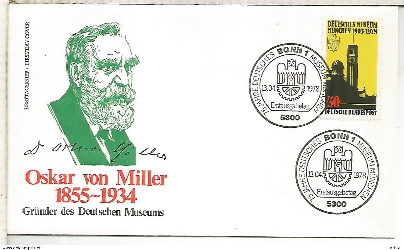 ALEMANIA FDC 1978 OSKAR VON MILLER ELECTRICIDAD CIENCIA ELECTRIC - Electricidad