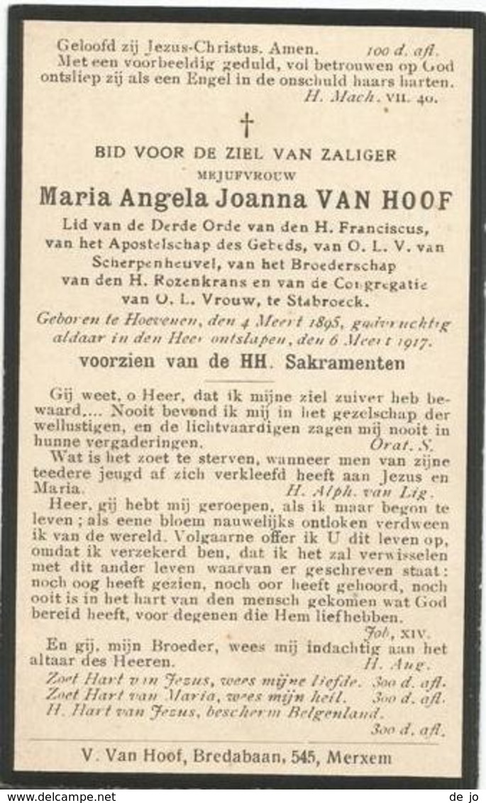 Van Hoof Maria Angela °1895 Hoevenen +1917 School Te Stabroek Doodsprentje / Image Mortuaire / Immaginetta - Religion & Esotérisme