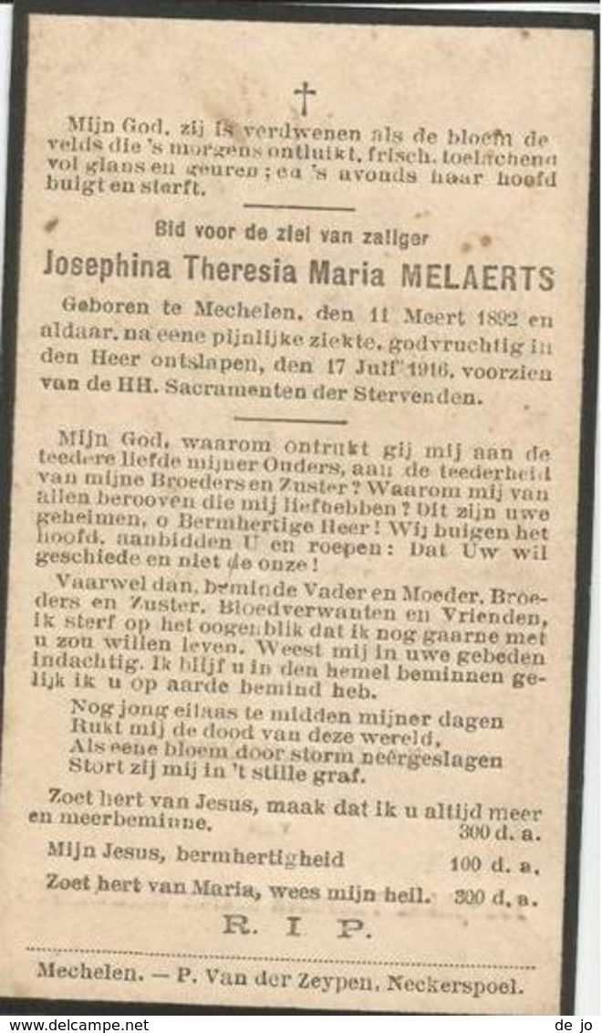 MELAERTS Josephina °1892 Mechelen +1916  Doodsprentje Image Mortuaire Immaginetta Funeral Card - Religion & Esotérisme