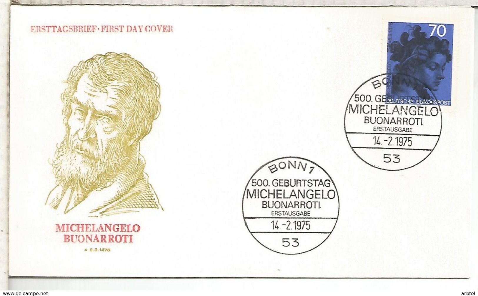 ALEMANIA FDC 1975 MIGUEL ANGEL ARTE MICHELANGELO PINTURA ESCULTURA - Otros & Sin Clasificación