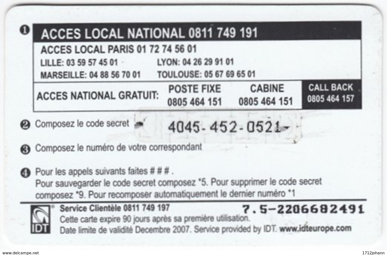 FRANCE C-390 Prepaid IDT - Used - Nachladekarten (Refill)