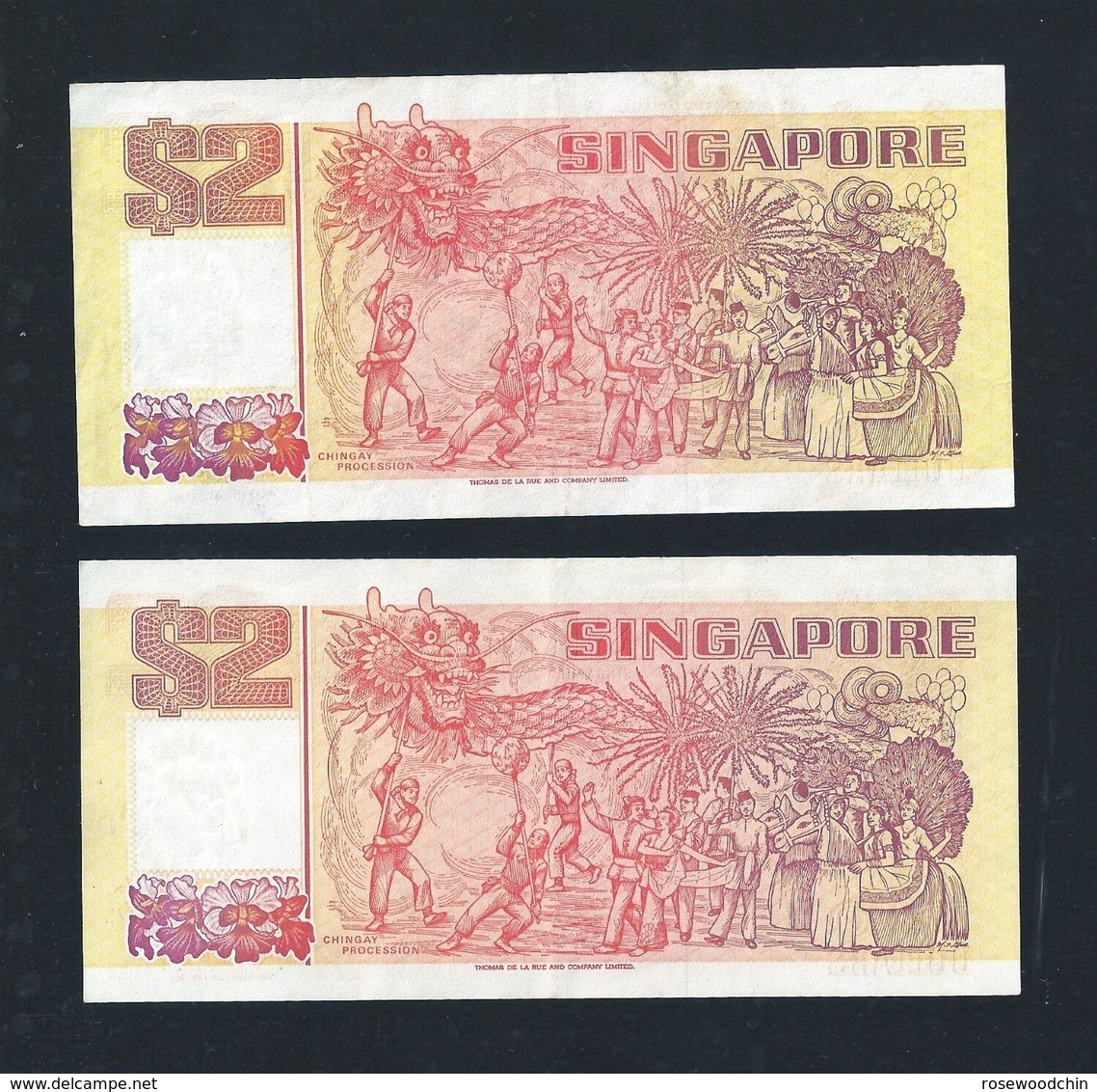 Singapore 1990 $2 X 2 Pcs HTT Orange Ship Series Currency Money Banknote (#138) VG - Singapore