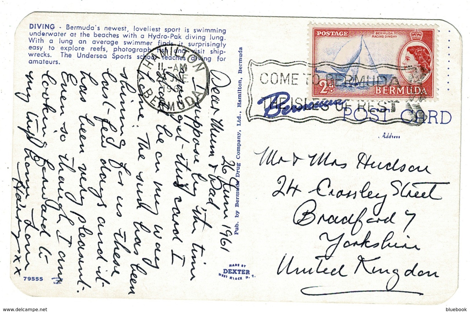 Ref 1325 - 1961 Bermuda Postcard - 2d Rate To Yorkshire - Good Slogan - Scuba Diving Sport - Bermudes