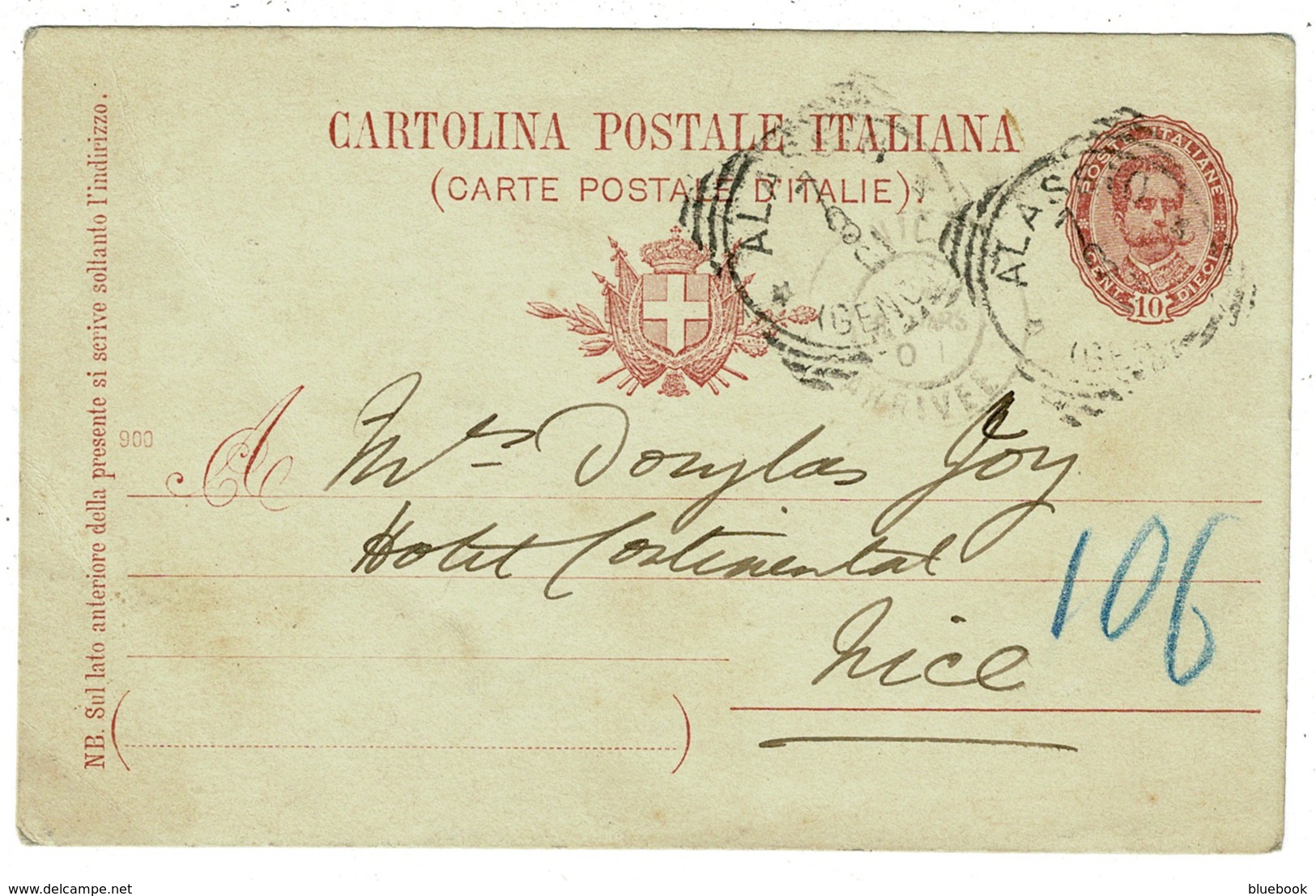 Ref 1325 - 1901 Italy Postal Stationery Card - 10c Rate Alassio To Nice - Stamped Stationery