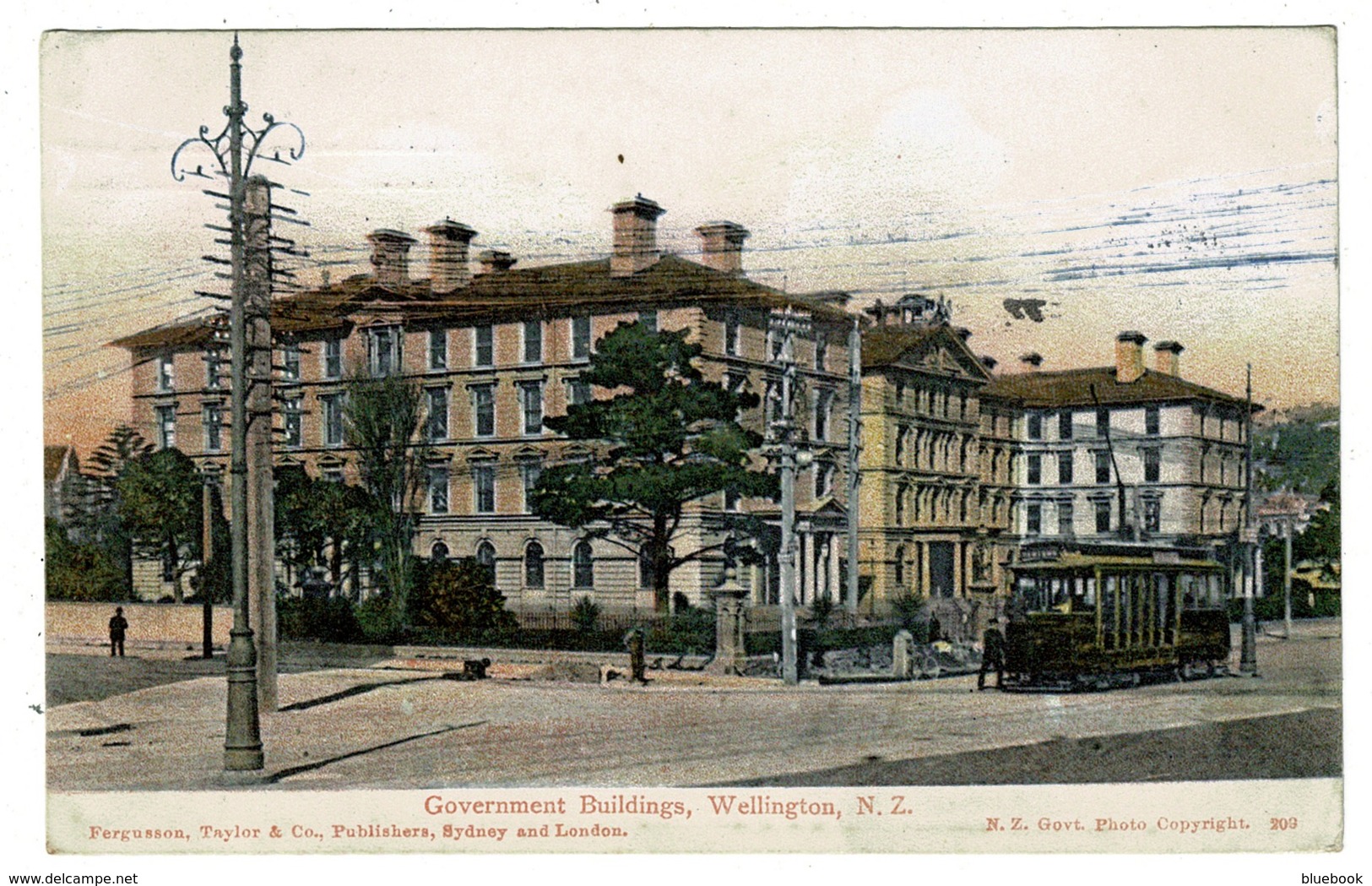 Ref 1325 - 1907 Postcard - Government Buildings & Tram - Wellington New Zealand 1d Rate - Covers & Documents