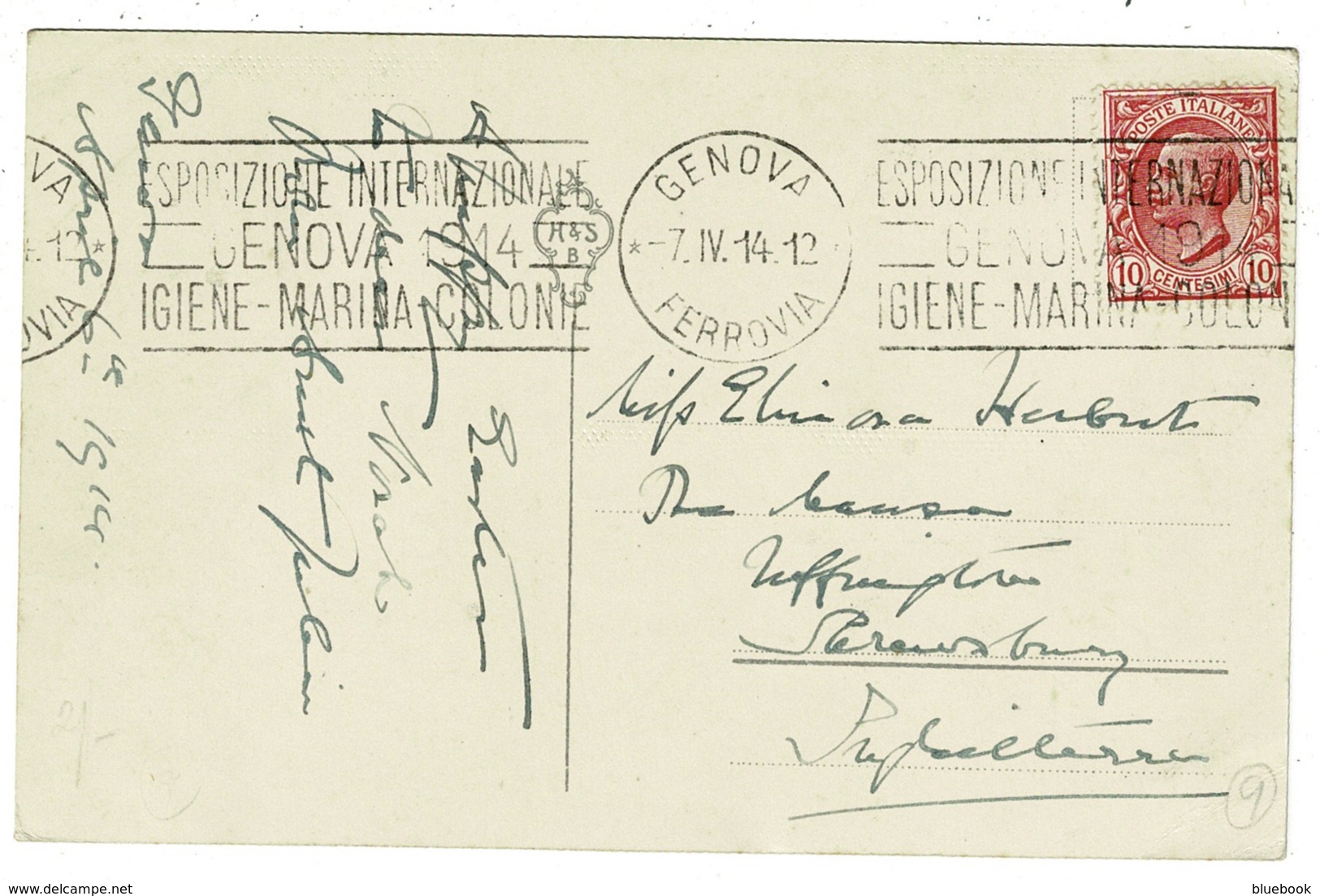 Ref 1316 - 1914 Italy Postcard - 10c Rate Genova To UK - International Igiene Marina Slogan - Marcophilia