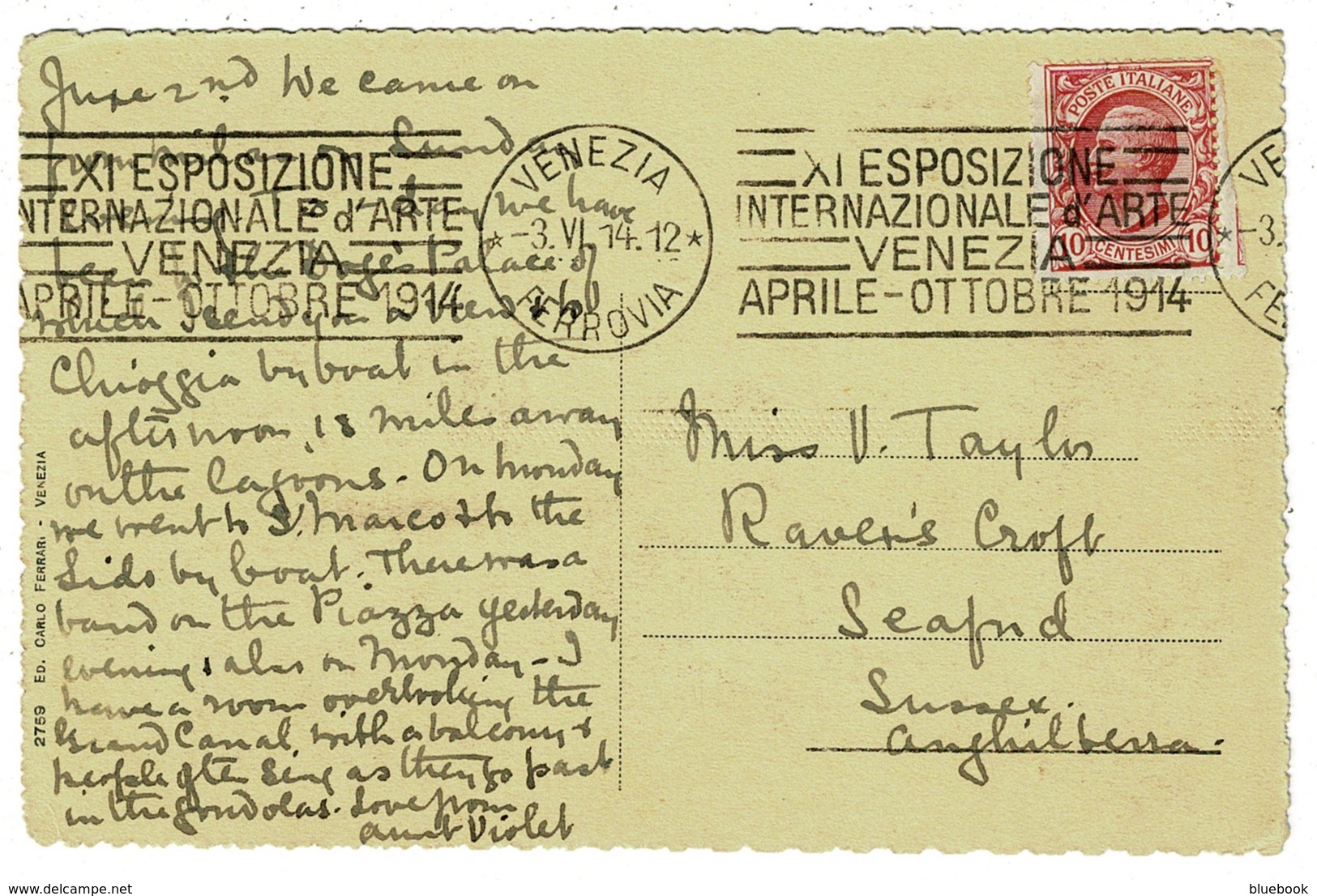 Ref 1316 - 1914 Italy Postcard - 10c Rate Venezia To Seaford UK - International Art Slogan - Marcophilia