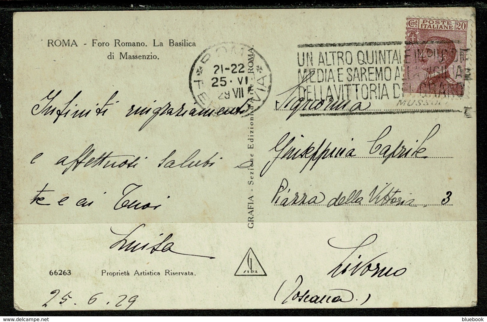 Ref 1316 - 1929 Italy Postcard - 20c Rate Roma To Livorno - Good Slogan Postmark - Marcophilia