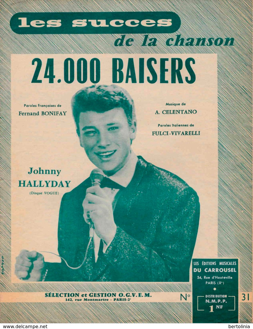 Partition Ancienne - JOHNNY HALLYDAY - 24000 Baisers - Musique Adriano Celentano - Vogue - 1961 - Partitions Musicales Anciennes