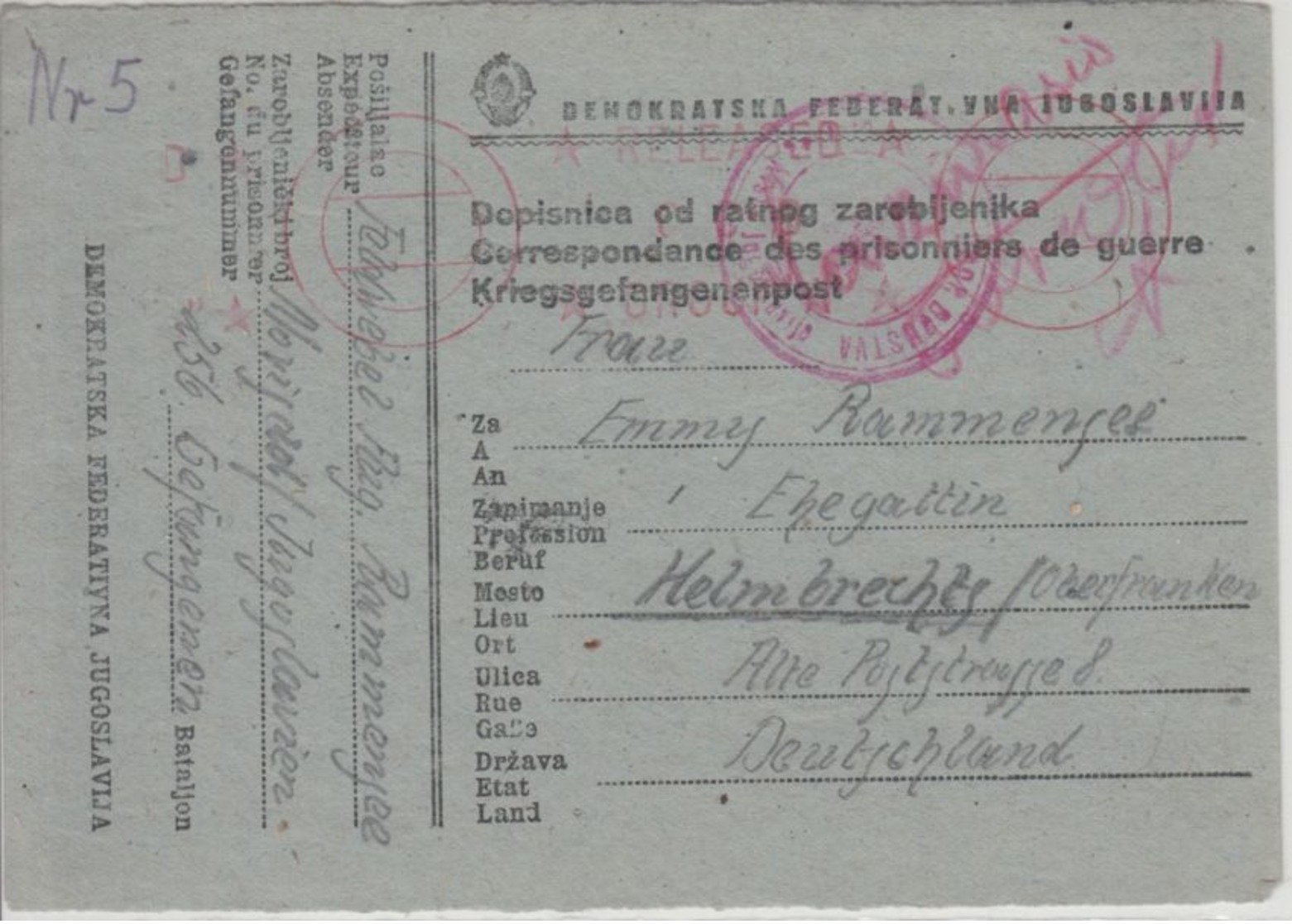 Jugoslawien - Novi Sad 28.11.45 Kriegsgefangenenkarte N. Helmbrechts Lagerzensur - Ganzsachen