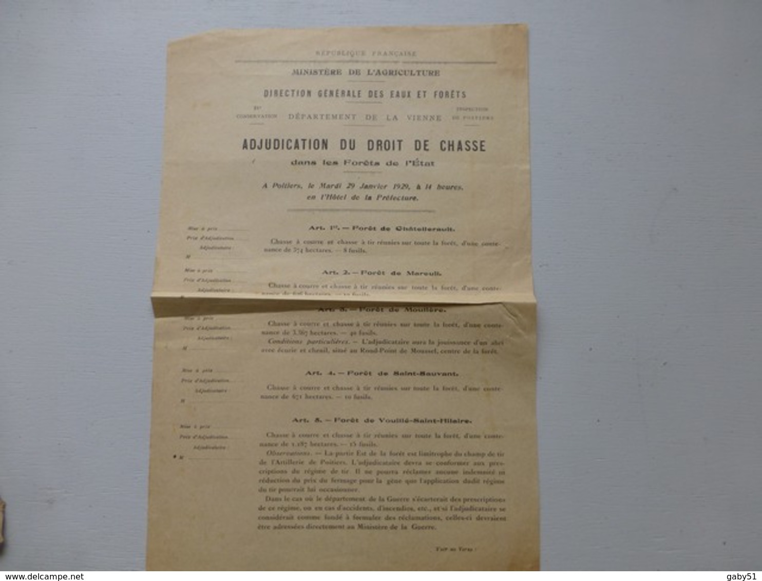 Vienne (86) 1929 Adjudication Droit De CHASSE Ds Les Forêts De L'Etat Ref 549 ; PAP06 - Documents Historiques