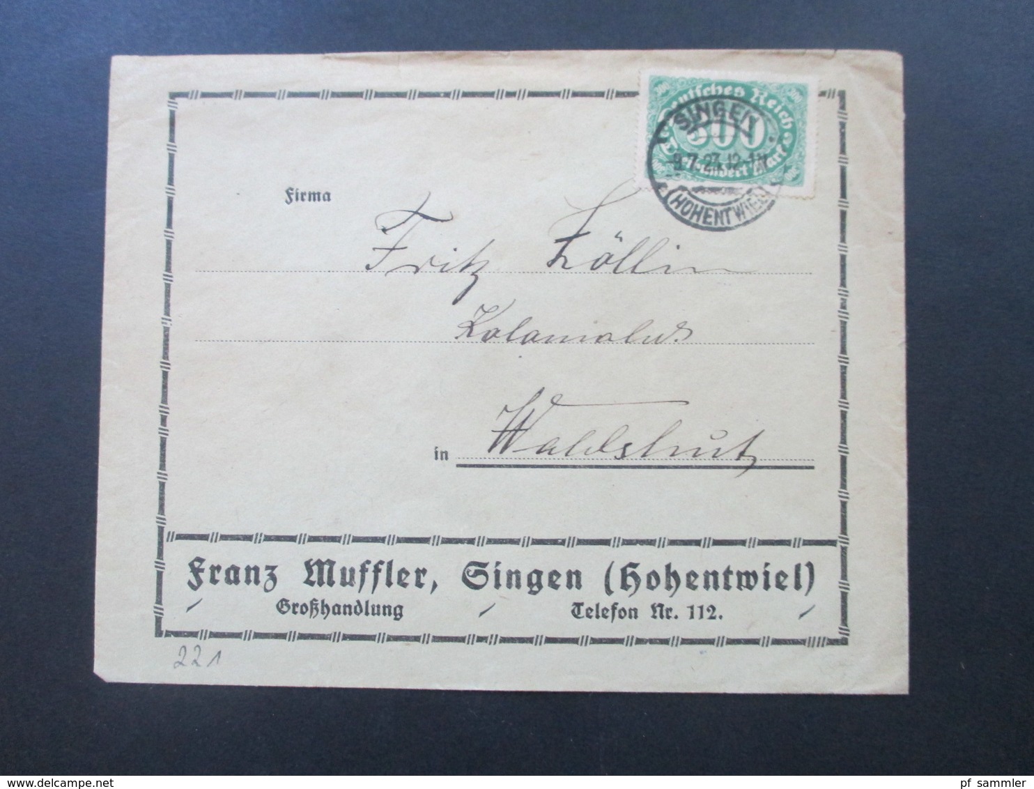 DR Infla 1923 Queroffset Nr. 221 EF  Firmenumschlag Franz Muffler Singen Stempel Direkte Schnellzüge Schwarzwald - Lettres & Documents