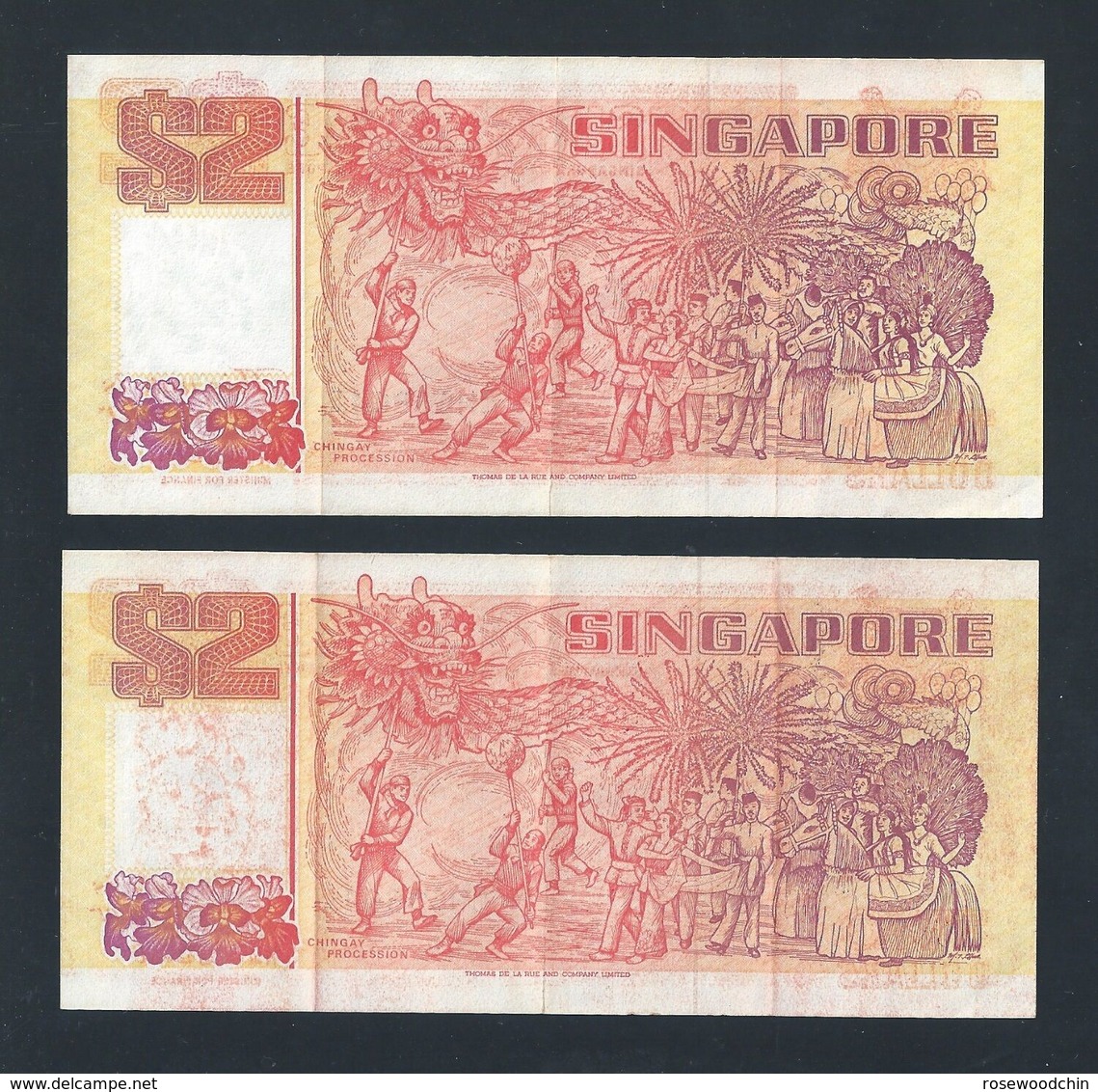 Banknote -Singapore 1990 $2 Orange Ship Series 2 Runs Numbers CH556041-042 (#138A) - Singapour