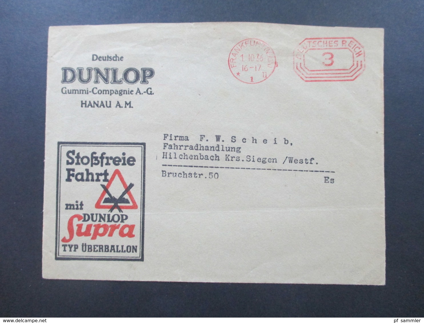 3. Reich 1936 Freistempel Firmenumschlag Deutsche Dunlop Gummi Compagnie Stoßfreie Fahrt Mit Dunlop Supra Typ Überballon - Briefe U. Dokumente