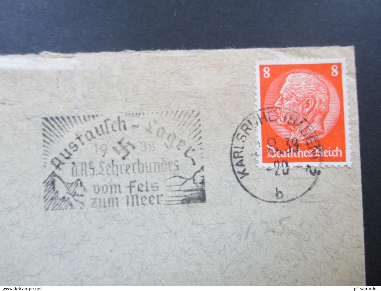 3. Reich 1939 Hindenburg EF Maschinenstempel Karslruhe Austausch Lager D.n.s. Lehrerbundes Vom Fels Zum Meer - Briefe U. Dokumente