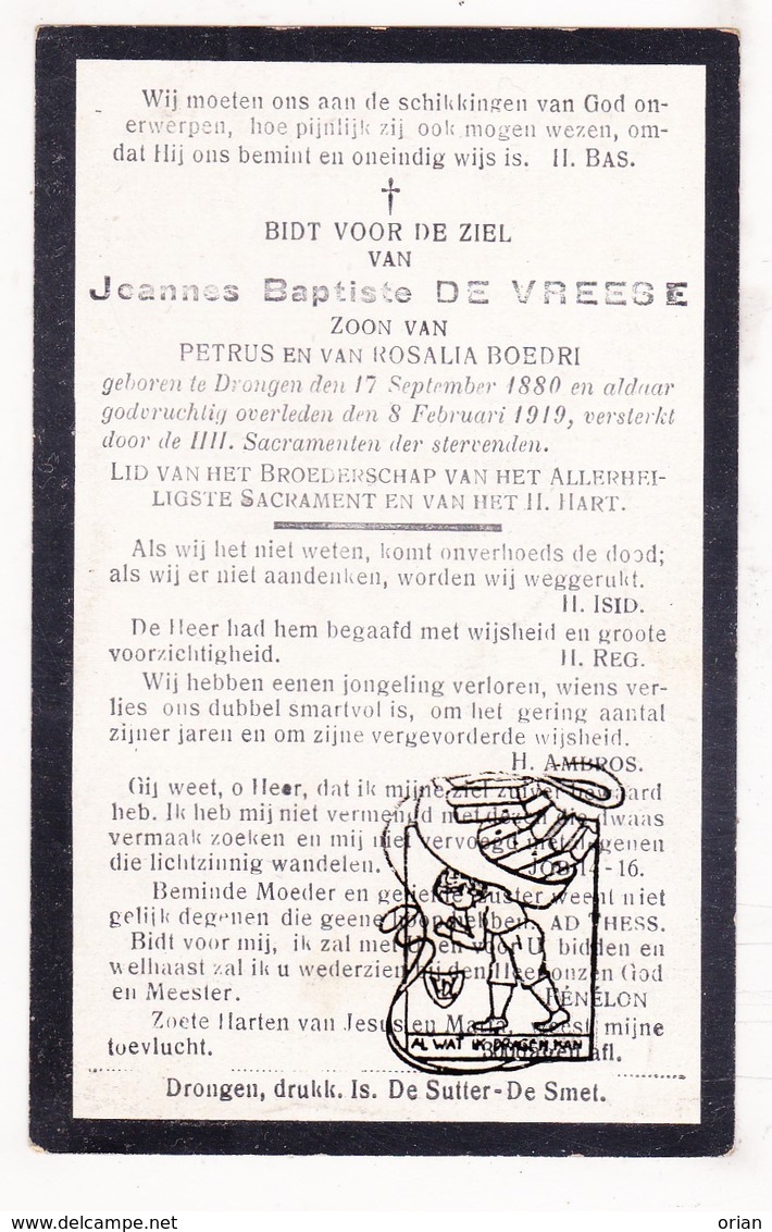 DP Joannes Bapt. De Vreese / Boedri 38j. ° Drongen Gent 1880 † 1919 / Boedrie Boedry - Images Religieuses