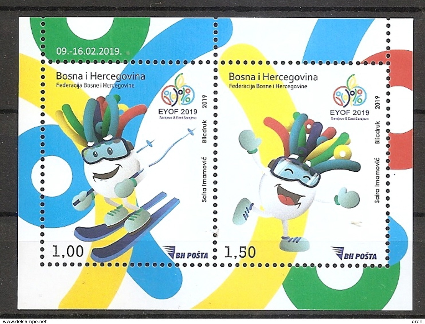 BOSNIA AND HERZEGOVINA 2019,POST SARAJEVO,EYOF Europa Youth Olympic Winter Festival Sports Skiing Mascot Joint Issue,MNH - Bosnia And Herzegovina