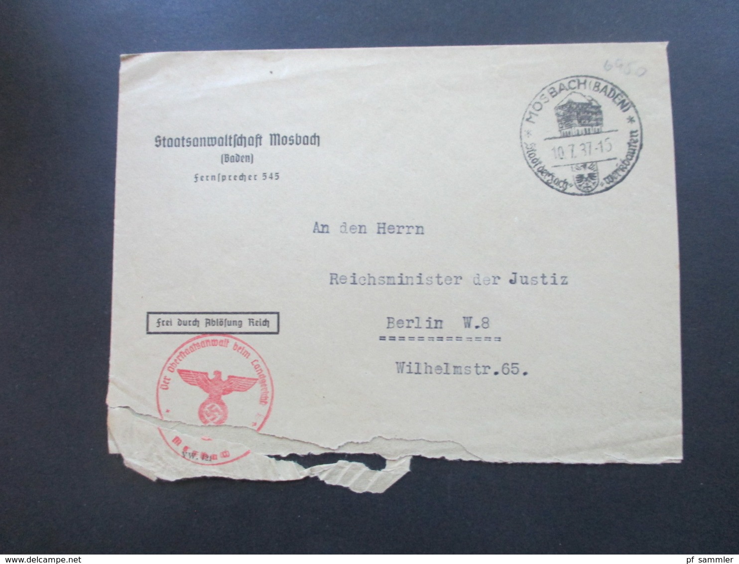 3. Reich 1937 Staatsanwaltschaft Mosbach Mit SST An Den Reichsminister Der Justiz In Berlin Roter Dienststempel. - Briefe U. Dokumente