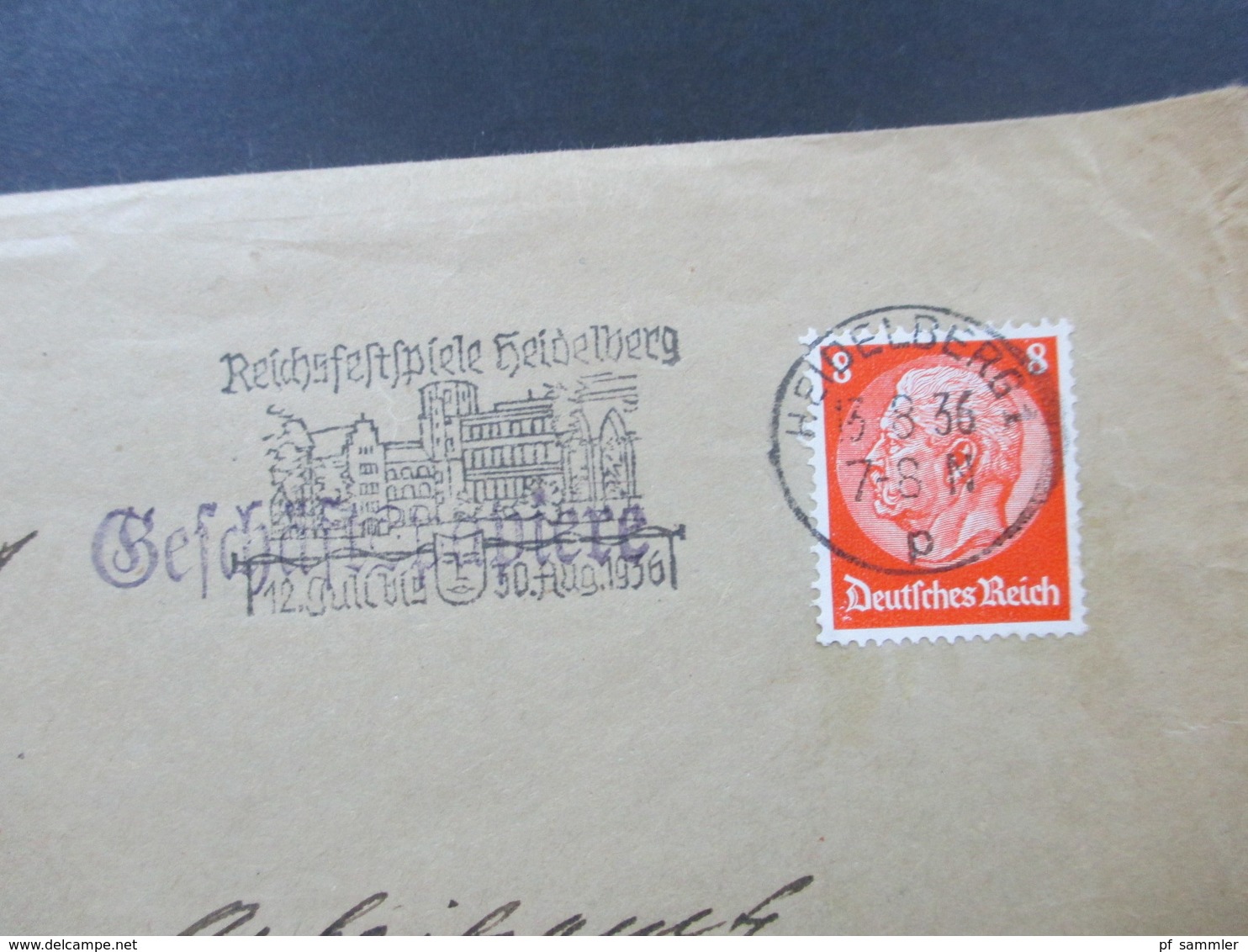 3. Reich 1936 Arbeitsamt Heidelberg Hindenburg EF Maschinenstempel Reichsfestspiele Heidelberg An Das Arbeitsamt Worms - Briefe U. Dokumente