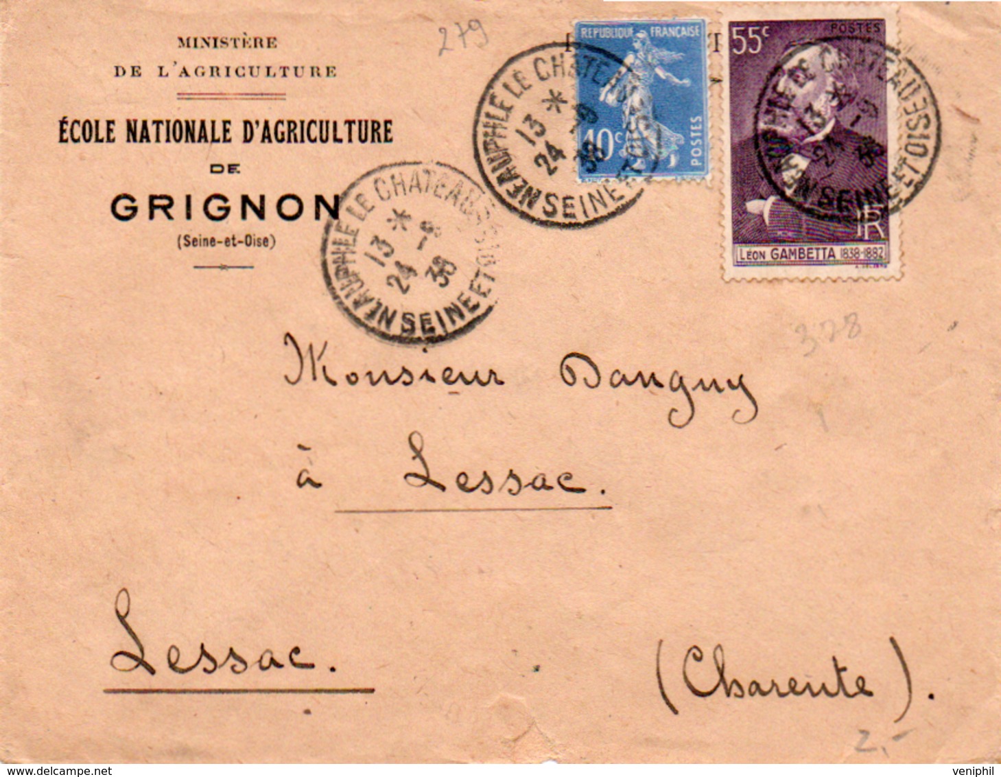 LETTRE AFFRANCHIE N° 279 + N°378 - OBLITERE CAD NEAUPHLE LE CHATEAU - SEINE ET OISE 1938 - 1921-1960: Modern Period