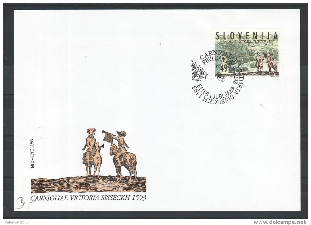 D32 Slowenien Slovenia Slovenie 1993 Mi.No. 59 FDC 400. Jahrestag Der Battle Of Sisak Schlacht Von Sisak Horse Pferd - Eslovenia