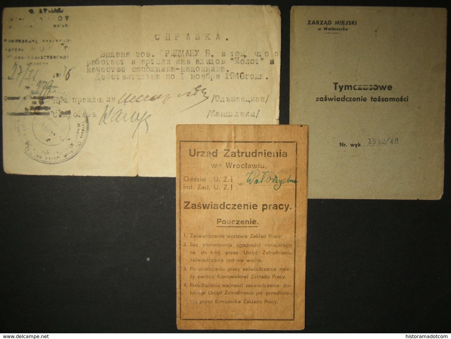 3x Soviet-Polish Holocaust Survivor Post-WWII Documents, 1946-47 - WW2