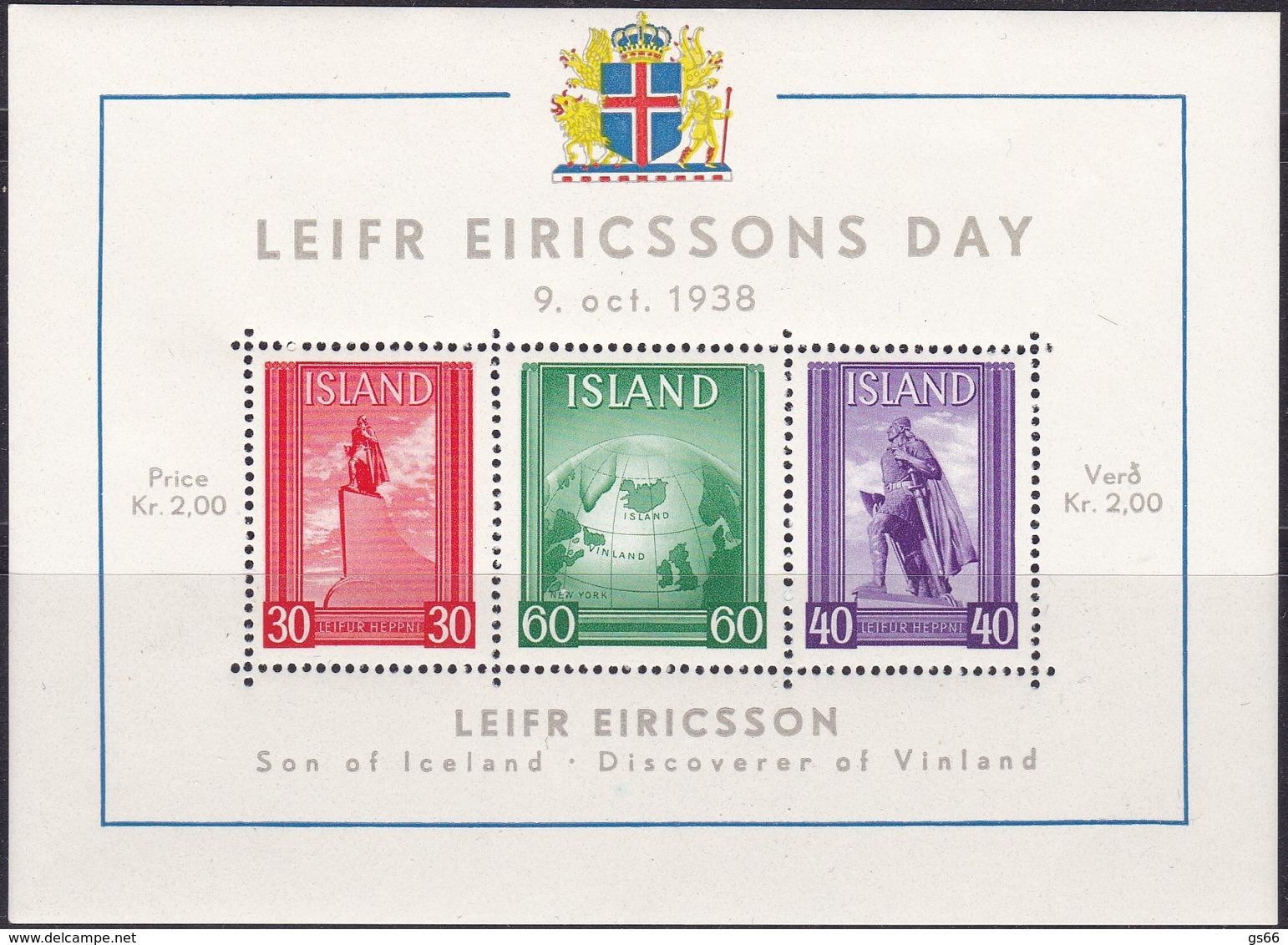 1938, Island, 197/99 Block 2,  MNH **, Leif-Eriksson-Tag - Ungebraucht