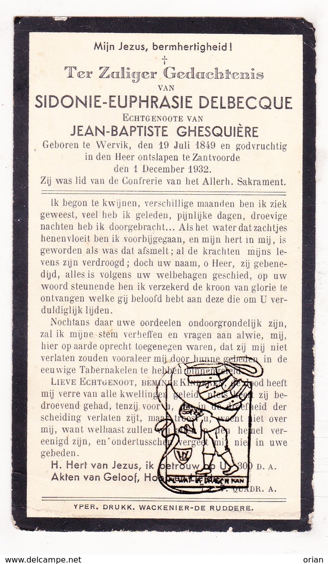 DP Sidonie E. Delbecque ° Wervik 1849 † Zandvoorde Zonnebeke 1932 X JB. Ghesquière - Images Religieuses