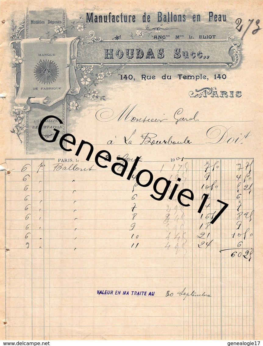 75 22 071 PARIS SEINE 1901 SPORT ( Football Rugby ) Manufacture Ballons En Peau HOUDAS Succ L. ELIOT Rue Du Temple - 1900 – 1949