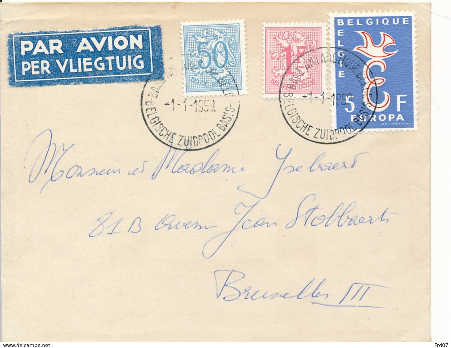 Lettre Privée Base Antarctique Belge 1-1-1959 Vers Bruxelles 5-3-1959 - Bases Antarctiques