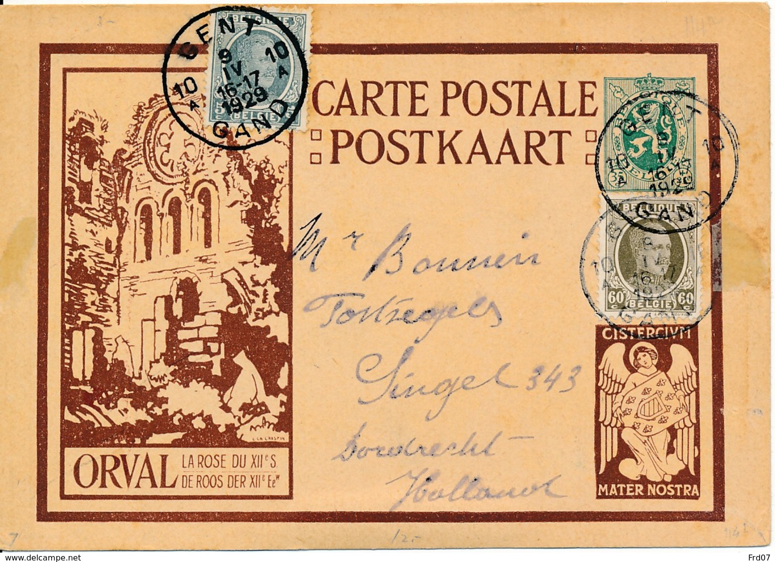 Postwaardestuk Orval Met Bijfrankering Met Houyoux Zegels Naar Nederland - Gent 9 IV 1929 - 1929-1937 Lion Héraldique