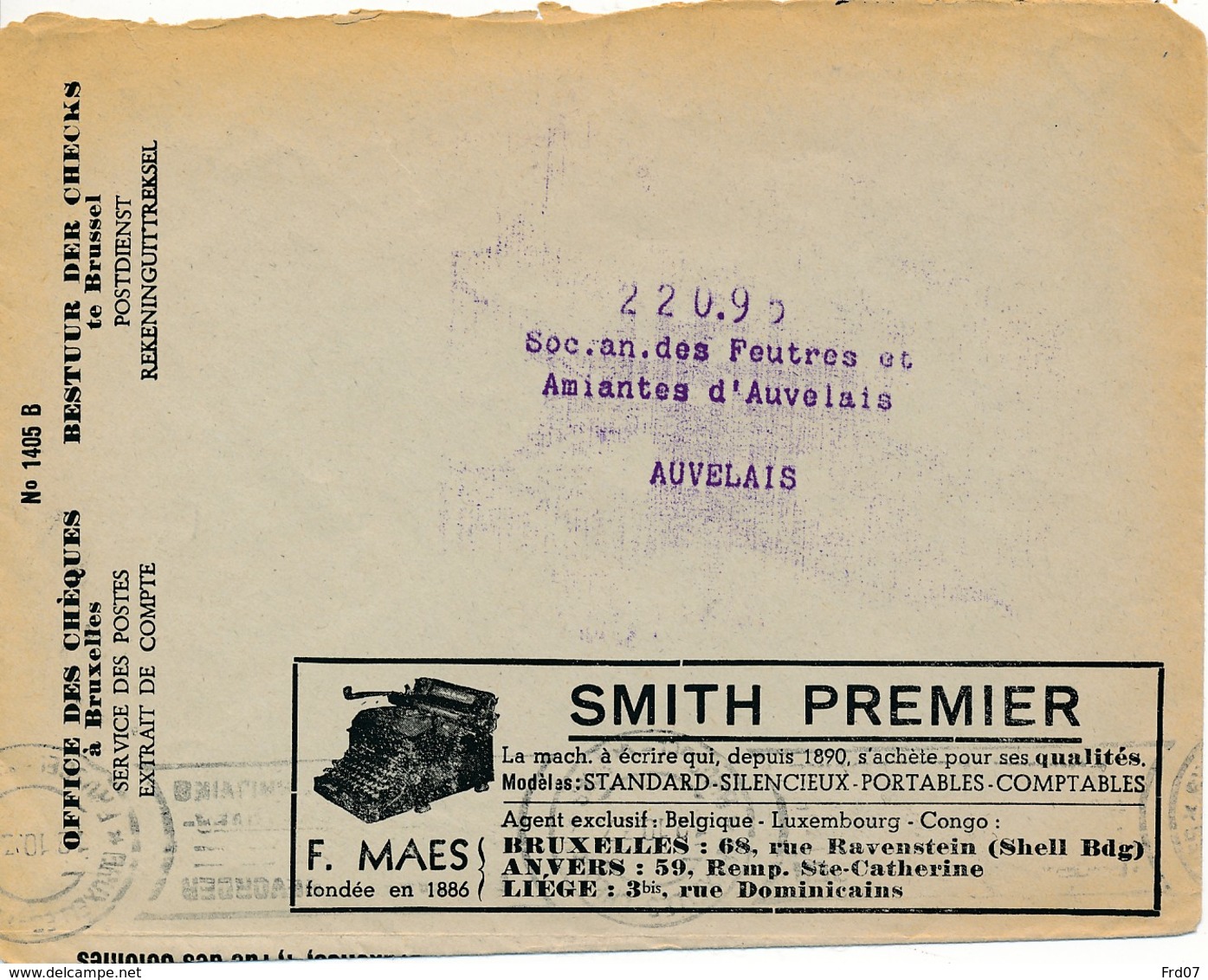 Env CCP 1937 - Publicité Machines à écrire Smith, à Calculer Astra Et Comptable - Comptabilité - Computers