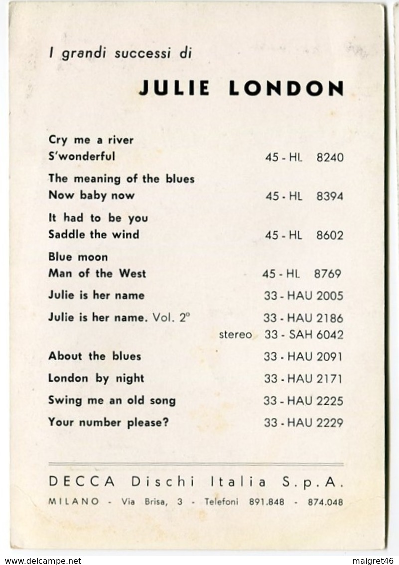 CARTOLINA ORIGINALE CANTANTE ATTRICE JULIE LONDON EDIZIONE DECCA DISCHI ITALIA ACTRESS - Artisti