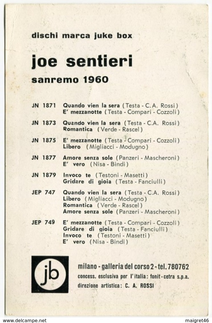 CARTOLINA ORIGINALE JOE SENTIERI CANTANTE SANREMO ANNO 1960DISCHI JUKE BOX - Entertainers