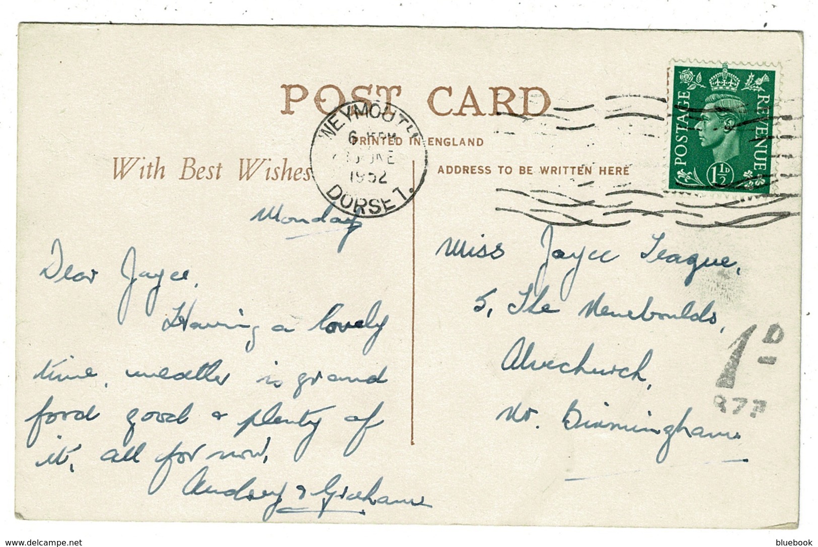 Ref 1327 - 1952 Multiview Postcard - Weymouth Dorset - 1d Postage Due Hand Stamp - Postage Due