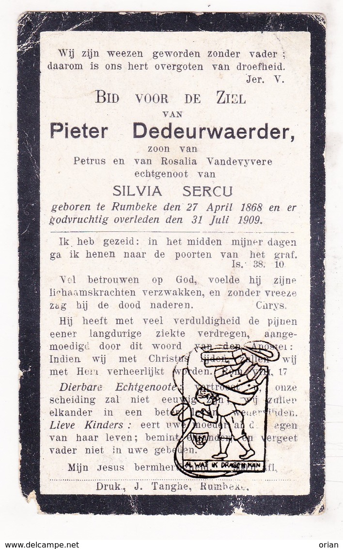 DP Pieter DeDeurwaerder / VandeVyvere ° Rumbeke Roeselare 1868 † 1909 X Silvia Sercu - Devotieprenten