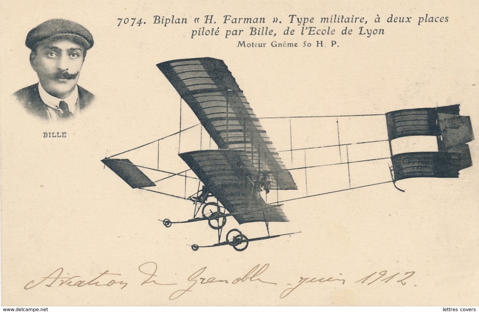 CP " Biplan Farman Type Militaire Piloté Par BILLE De L'Ecole De Lyon " Aviation De Grenoble Isère - Aviateur - ....-1914: Vorläufer