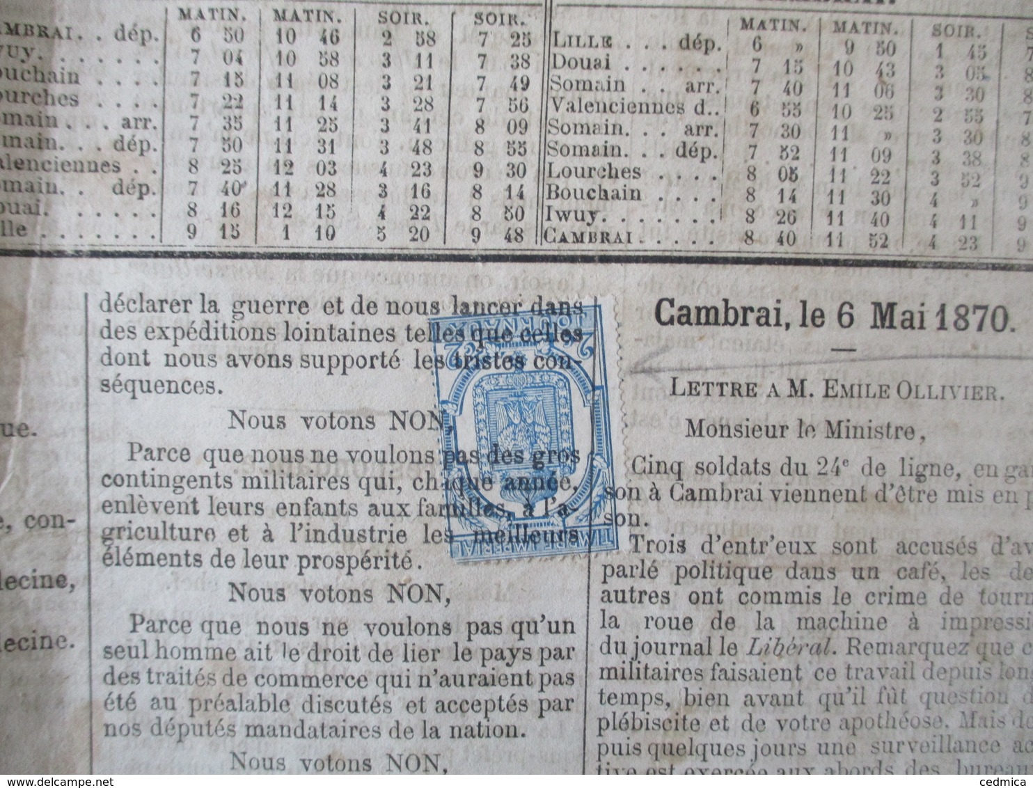 TIMBRE IMPERIAL JOURNAUX 2c SUR LE LIBERAL DE CAMBRAI DU DIMANCHE 8 MAI 1870 - Autres & Non Classés