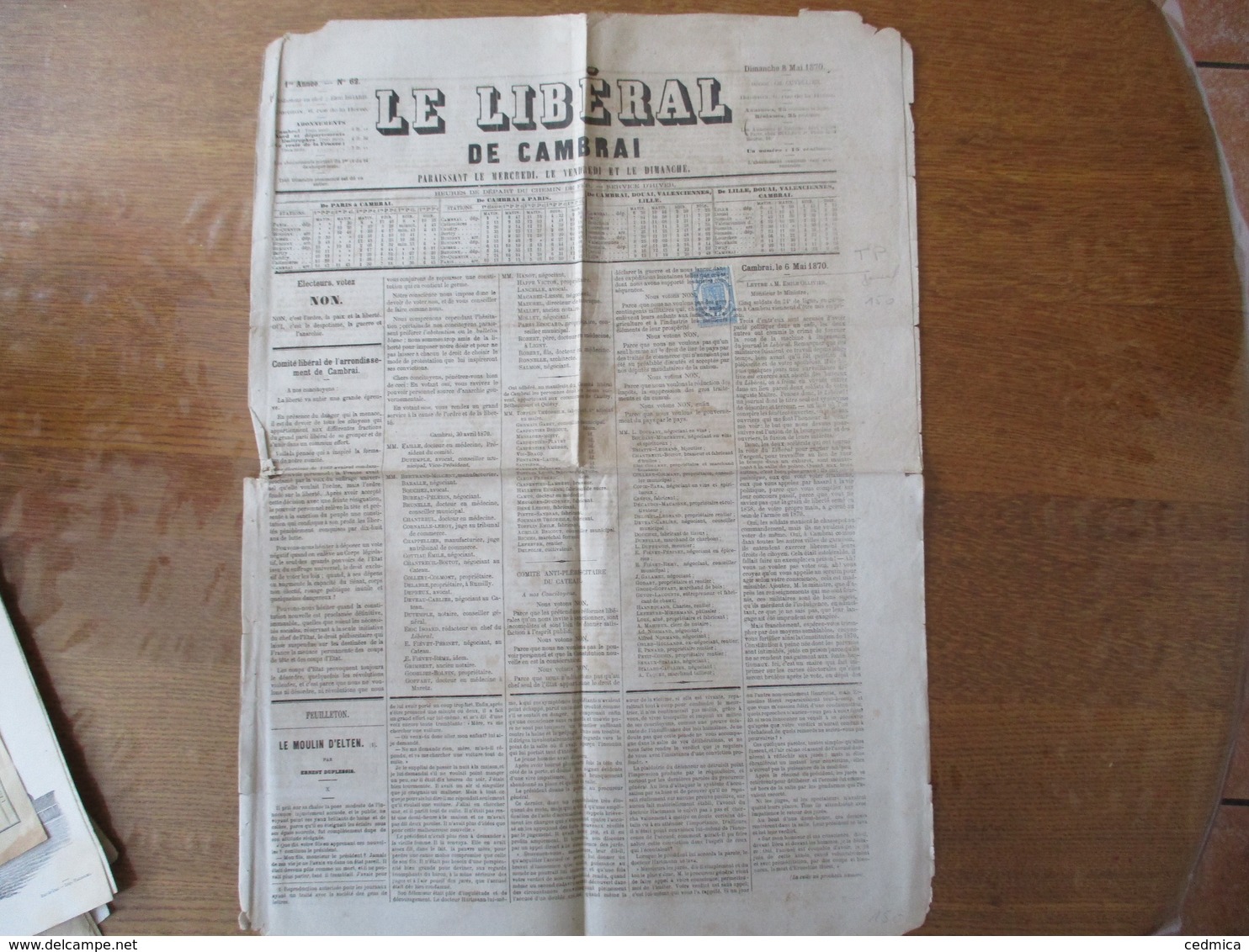 TIMBRE IMPERIAL JOURNAUX 2c SUR LE LIBERAL DE CAMBRAI DU DIMANCHE 8 MAI 1870 - Autres & Non Classés