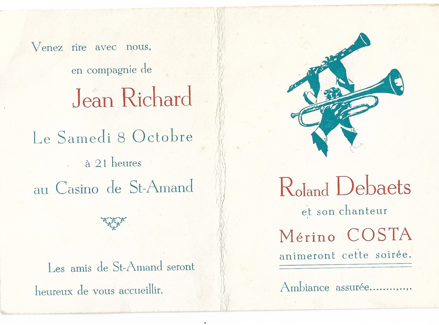 Casino De St Amand  Jean RICHARD ....trompette Clarinette - Programmes