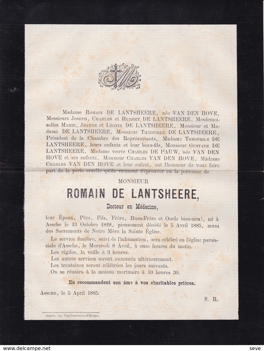 ASSCHE ASSE Romain DE LANTSHEERE Docteur En Médecine 1828-1885 Famille VAN DEN HOVE DE PAUW - Décès