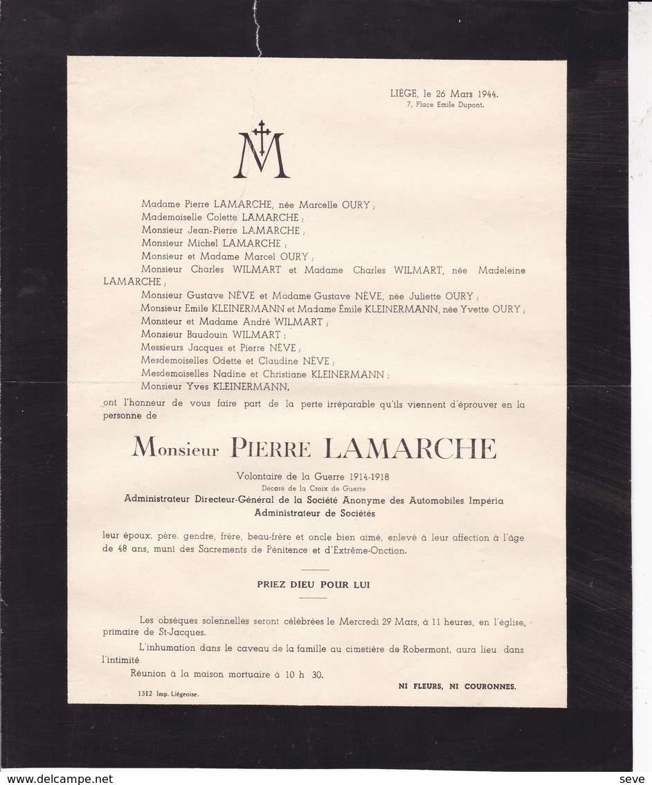 LIEGE Automobiles IMPERIA Administrateur Directeur Pierre LAMARCHE  48 Ans 1944 Faire-part Mortuaire Déchirure En Haut - Décès