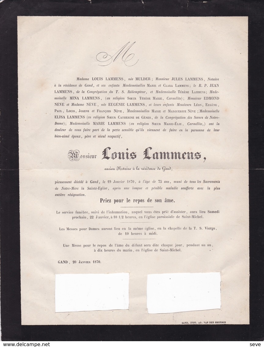 GAND GENT Louis LAMMENS Ancien Notaire 75 Ans 1870 Famille MULDER NEVE Distribution De Pains Aux Pauvres - Décès