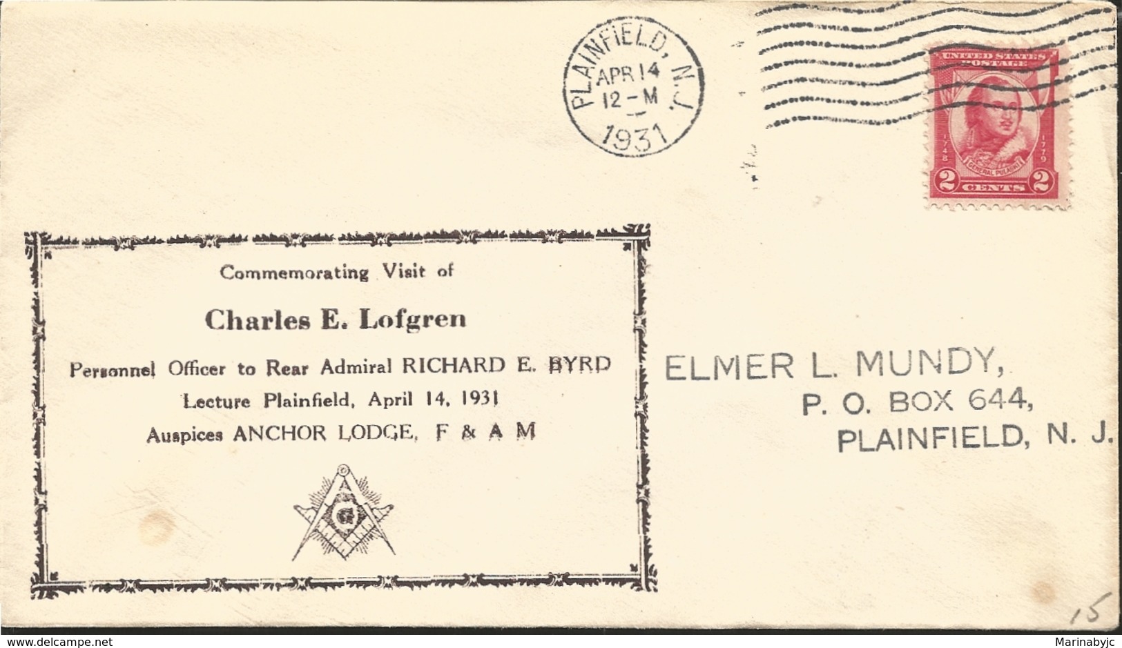 J) 1931 UNITED STATES, MASONIC GRAND LODGE, CHARLES E LOFGREN, FDC - Covers & Documents