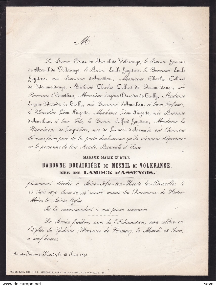 GODINNE SAINT-JOSSE Baronne Douairière De MESNIL De VOLKRANGE Née De LAROCK D'ASSENOIS 94 Ans 1870 HUYTTENS RUZETTE - Décès